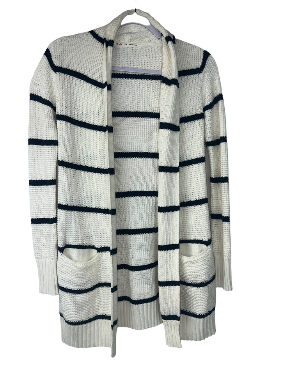 Athleta Highland Wrap Cardigan Sweater White Blue Stripe Long Line Pockets XXS